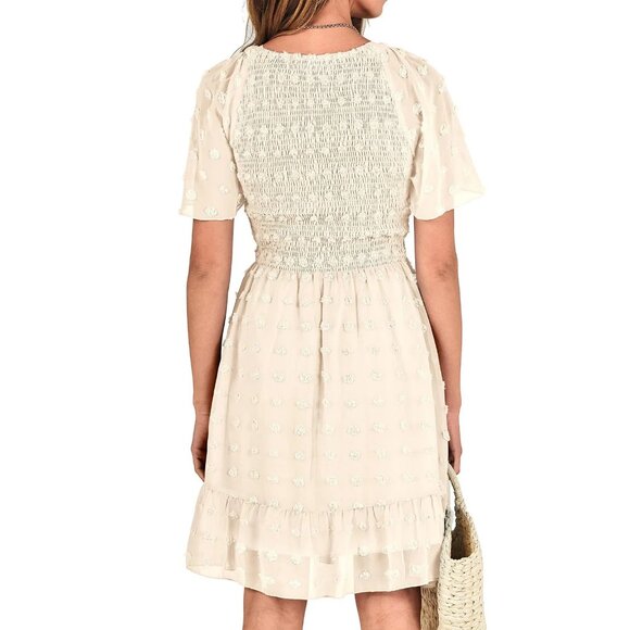 Hfyihgf Womens Summer Smocked Dress Short Flutter Sleeve V Neck Swiss Dot Lrg - Picture 3 of 5